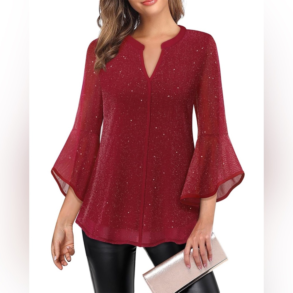 VALOLIA Red Sparkle Split Neck Bell Sleeve Mesh Layered Blouse. 3XL. NWT.